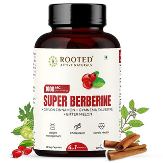 Rooted Berberine HCL 98% with Ceylon Cinnamon (Daalchini) 750mg Herbal Capsules for Metabolic Support, Liver Detox, Antioxidants – 60 Veg Caps