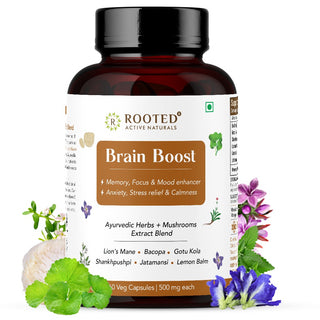 Brain Booster - Brahmi Shankpushpi, Bacopa, Lions Mane Mushroom & Jatamansi, Brain Memory Booster Mind Focus Mood, Nootropics Cognitive - 60 Veg Capsules
