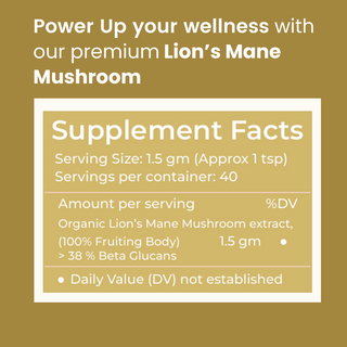 Lions Mane mushroom Extract (60 g) | Memory, Focus, Brain Powder & Nerve Health, 38% Beta Glucans