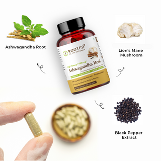 Ashwagandha extract  with Lions Mane & Black pepper extract for Stress, Focus & Mood Balance with 5% Withanolides