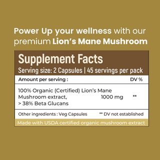 Organic Lions Mane mushroom extract (90 Capsules) for Focus, Memory & Brain Health