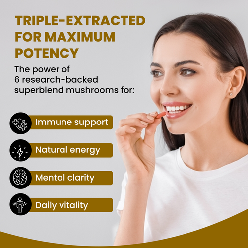 7-in-1 Mushroom Complex, Lion's Mane, Reishi, Cordyceps & more, Promotes overall wellbeing, full body detox, increase focus, mental clarity, gut health (60 Caps)
