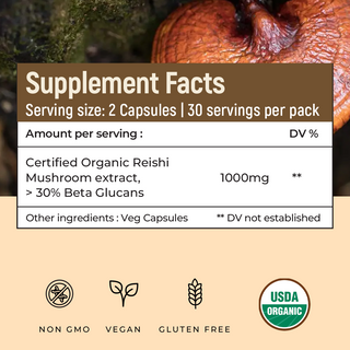 USDA Organic Reishi Mushroom Extract Capsule, > 30% Beta Glucans