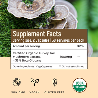 USDA Organic Turkey Tail Mushroom Extract Capsule, > 35% Beta Glucans