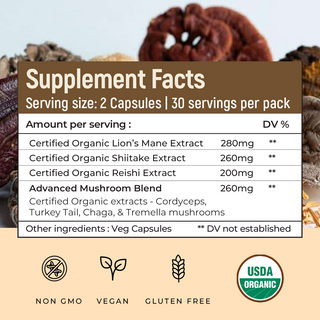 USDA Organic 7 Mushrooms Complex,  > 30% Beta Glucans
