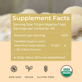 USDA Organic Lions Mane mushroom Extract Powder, > 38% Beta Glucans