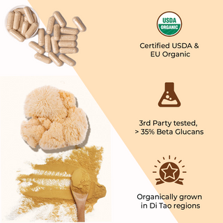 USDA Organic Lions Mane Mushroom Extract Capsules, > 38% Beta Glucans