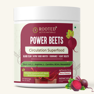 Rooted Actives Power Beets (250 grams) - Organic Beet Root Powder with L-arginine, L-Carnitine, BCAA, Reservatrol & Stevia | Heart, Endurance, Nitric Oxide Booster | Beets Powder Supplement & Pre Workout