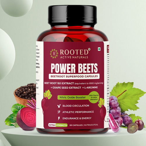 Rooted Active's PowerBeets - Beet Root Capsules with L-Arginine, 1000mg Serving | 10:1 Beetroot Extract, Helps Support Nitric Oxide Production, Heart Health with Grape Seed Extract (60 Caps)