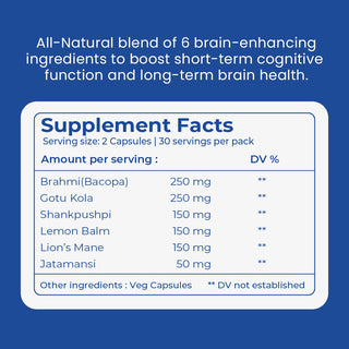 Brain Booster - Brahmi Shankpushpi, Bacopa, Lions Mane Mushroom & Jatamansi, Brain Memory Booster Mind Focus Mood, Nootropics Cognitive - 60 Veg Capsules