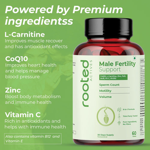 Rooted Actives Male Fertility Support Tablets | Sperm Count, Motility & Volume Support | 9-in-1 Formula | 60 Tablets