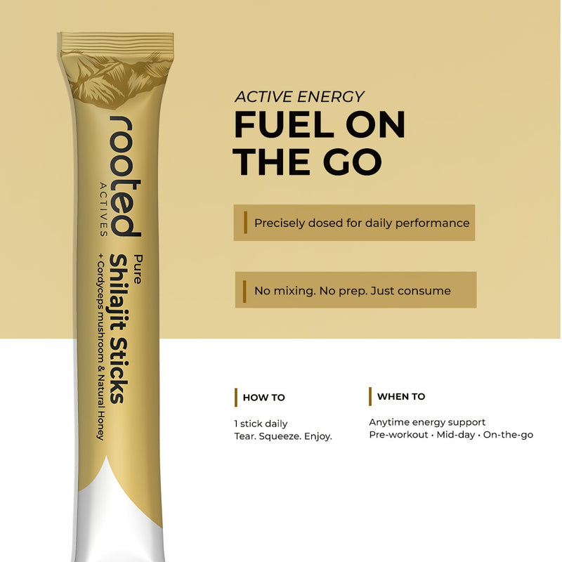 Rooted Actives Pure Shilajit Honey Sticks with Cordyceps Mushroom | 30 Sticks
