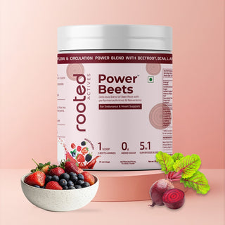 Rooted Actives Power Beets (250 grams) - Organic Beet Root Powder with L-arginine, L-Carnitine, BCAA, Reservatrol & Stevia | Heart, Endurance, Nitric Oxide Booster | Mixed Berry Flavor