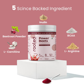 Rooted Actives Power Beets (250 grams) - Organic Beet Root Powder with L-arginine, L-Carnitine, BCAA, Reservatrol & Stevia | Heart, Endurance, Nitric Oxide Booster | Mixed Berry Flavor
