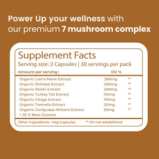 7-in-1 Mushroom Complex, Lion's Mane, Reishi, Cordyceps & more, Promotes overall wellbeing, full body detox, increase focus, mental clarity, gut health (60 Caps)