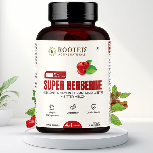 Rooted Berberine HCL 98% with Ceylon Cinnamon (Daalchini) 750mg Herbal Capsules for Metabolic Support, Liver Detox, Antioxidants – 60 Veg Caps