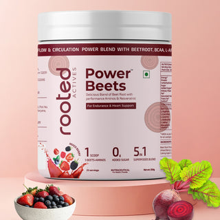 Rooted Actives Power Beets (250 grams) - Organic Beet Root Powder with L-arginine, L-Carnitine, BCAA, Reservatrol & Stevia | Heart, Endurance, Nitric Oxide Booster | Mixed Berry Flavor