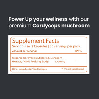 Organic Cordyceps Mushroom Extract for Stamina, Energy & Respiratory health (60 Veg Capsules)