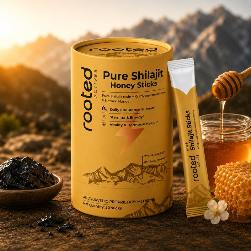 Rooted Actives Pure Shilajit Honey Sticks with Cordyceps Mushroom | 30 Sticks