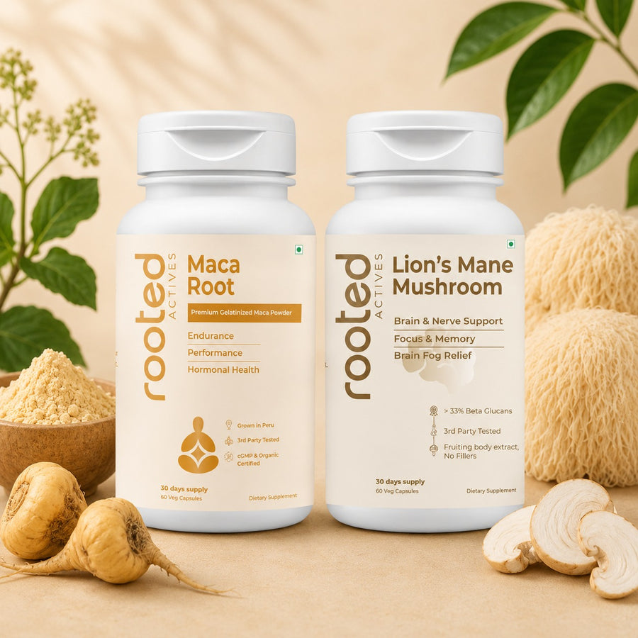 Rooted Active  Lion's Mane & Maca Root Bundle Brain Power + Sustained Energy + Natural Vitality