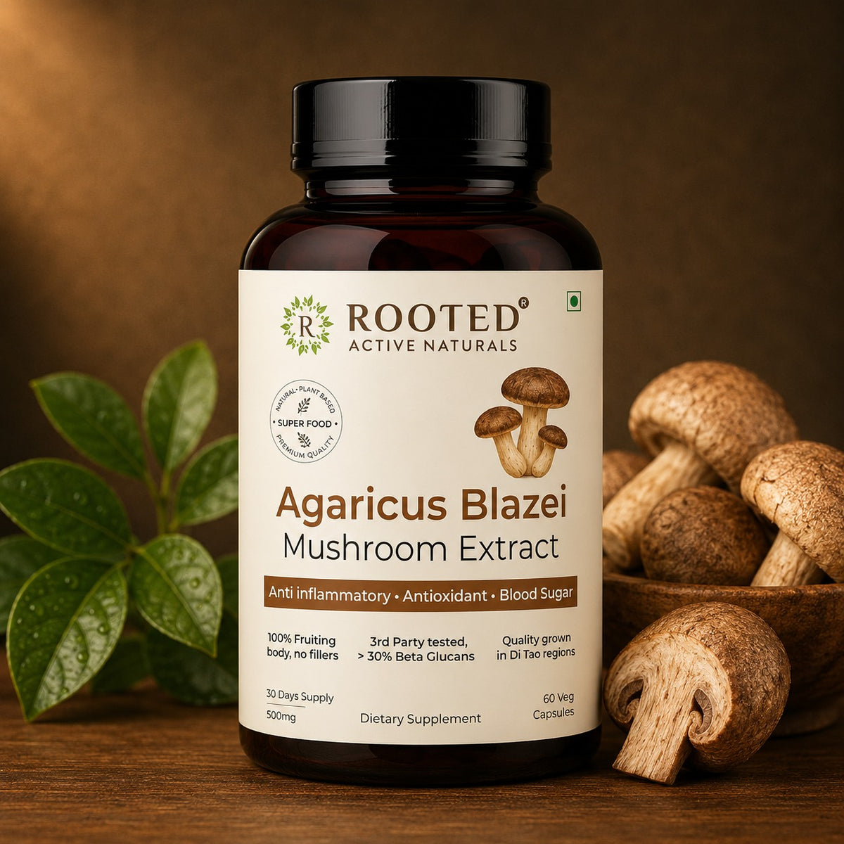 Rooted Actives ABM Mushroom Extract Capsule for Inflammation, Blood Sugar Balance & Antioxidant Support
