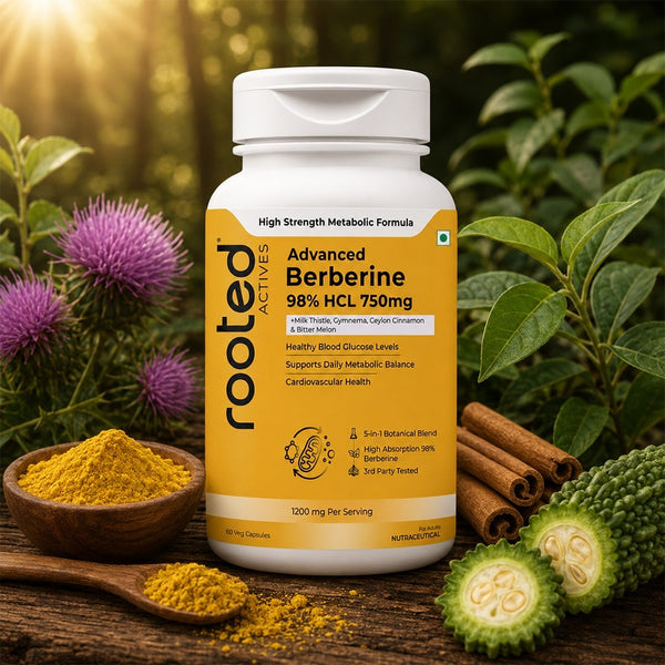 A bottle of Rooted Actives Advanced Berberine 98% HCL 750mg dietary supplement, styled on a rustic wooden surface with herbal ingredients like turmeric, cinnamon, and bitter melon against a lush green garden background.